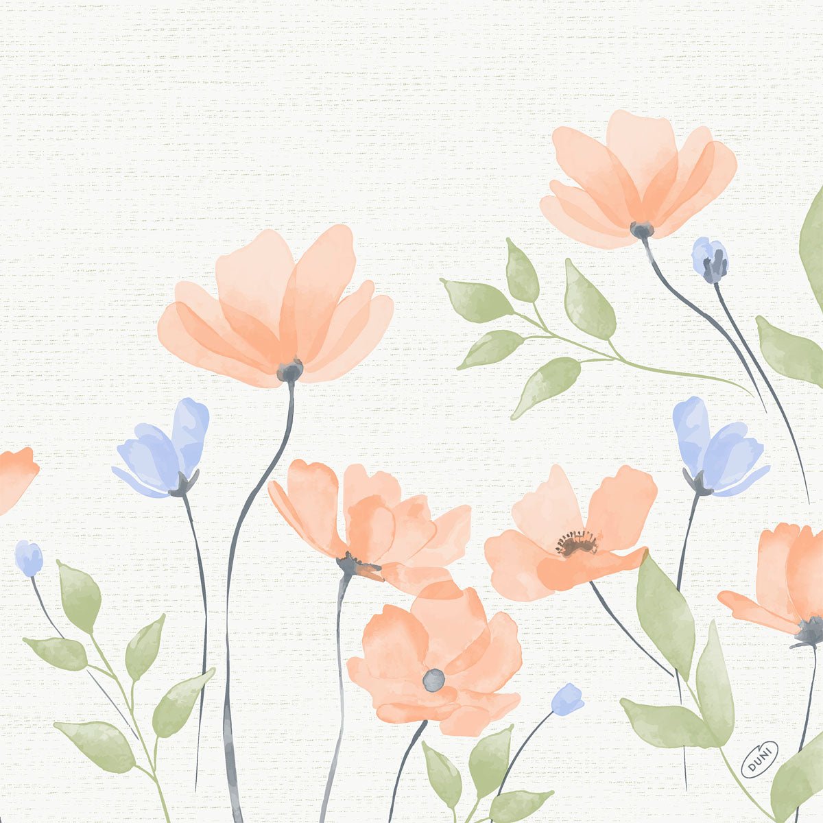Illustration aquarelle de fleurs orange et bleu clair avec des feuilles vertes sur des tiges élancées, sur un fond légèrement texturé, parfaite pour le serviette Bio-Dunisoft de Duni GmbH. 40x40cm.