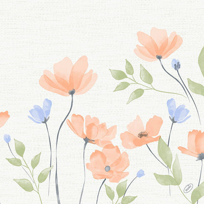 Illustration aquarelle de fleurs orange et bleu clair avec des feuilles vertes sur des tiges élancées, sur un fond légèrement texturé, parfaite pour le serviette Bio-Dunisoft de Duni GmbH. 40x40cm.