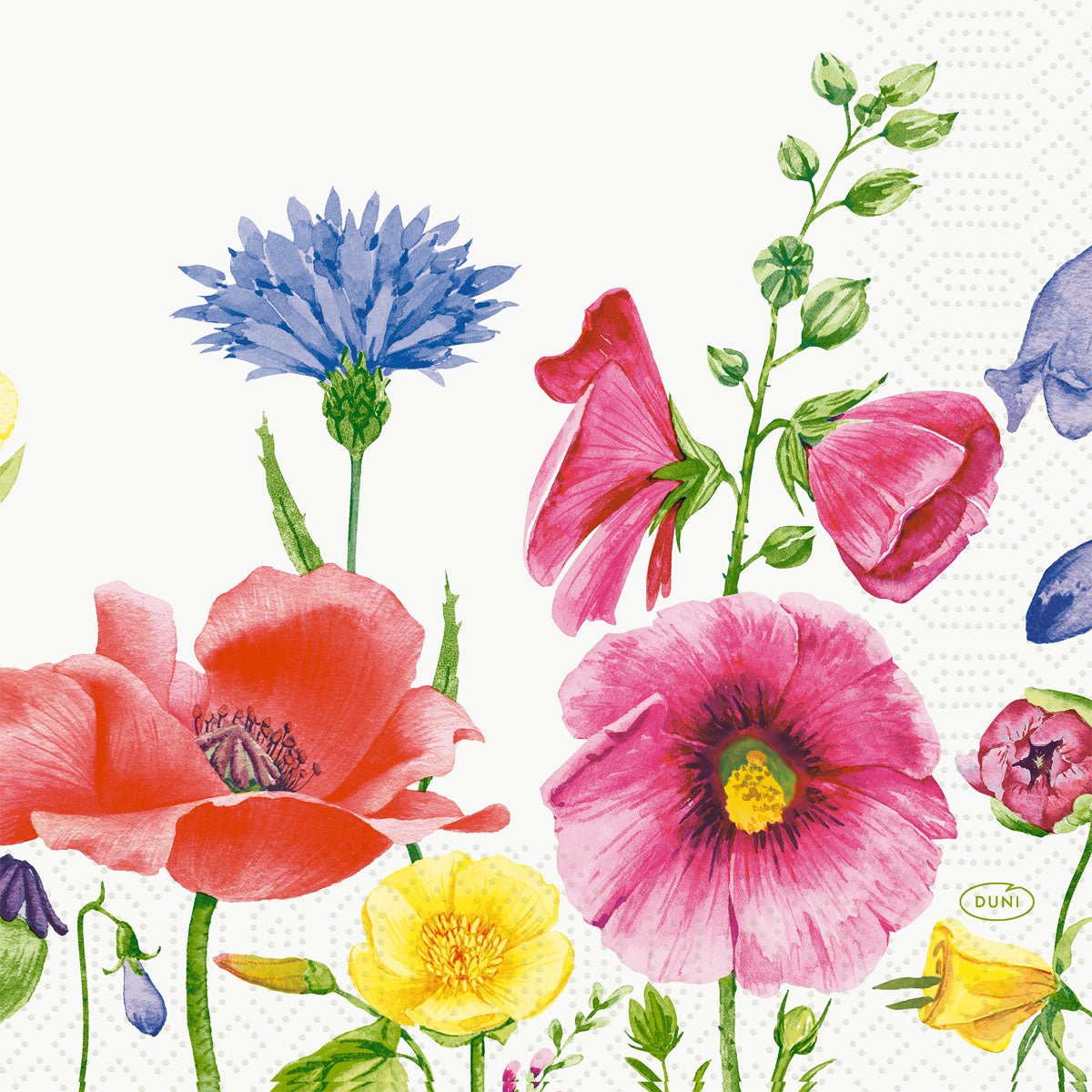 Les serviettes 33 cm 3 plis Flowy Meadow en papier de Duni GmbH (50 pièces) sont décorées de motifs floraux colorés sur fond blanc et apportent un charme élégant à chaque table de fête.