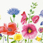 Les serviettes 33 cm 3 plis Flowy Meadow en papier de Duni GmbH (50 pièces) sont décorées de motifs floraux colorés sur fond blanc et apportent un charme élégant à chaque table de fête.
