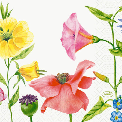 Des fleurs colorées et des feuilles vertes ornent le fond blanc de cette serviette de haute qualité, au format 24x24 3lg 1/4, de la marque Duni GmbH. Le logo « Duni » en bas à droite en fait un choix idéal pour les occasions spéciales.