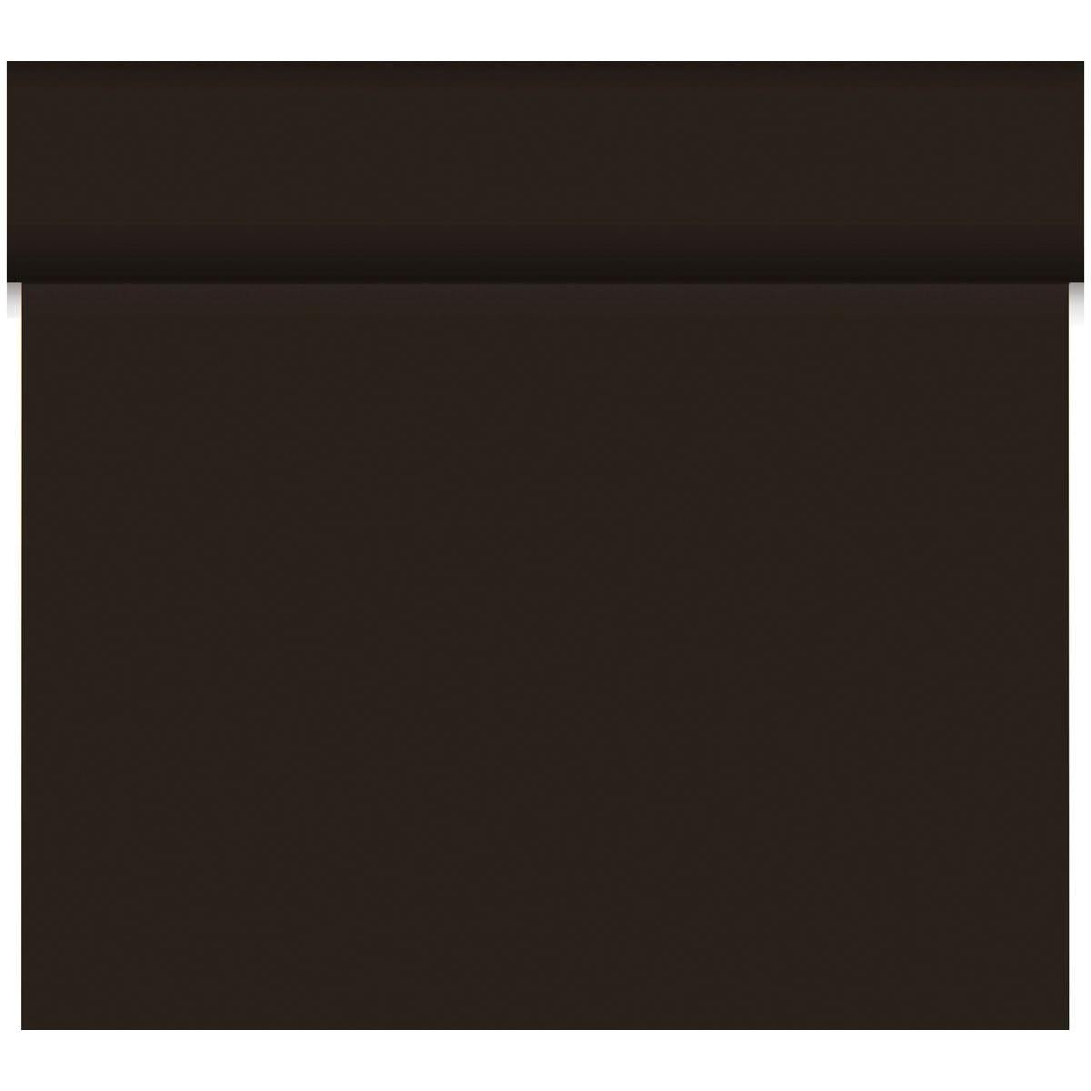 Le Bio-DC-Tete a Tete 0,4x24m de Duni GmbH est un rectangle solide brun foncé en matériau biodégradable, avec une subtile ombre ou pli horizontal près du bord supérieur, représenté sur un fond blanc.