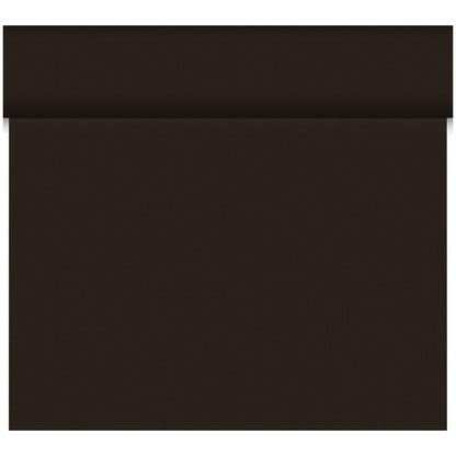 Le Bio-DC-Tete a Tete 0,4x24m de Duni GmbH est un rectangle solide brun foncé en matériau biodégradable, avec une subtile ombre ou pli horizontal près du bord supérieur, représenté sur un fond blanc.