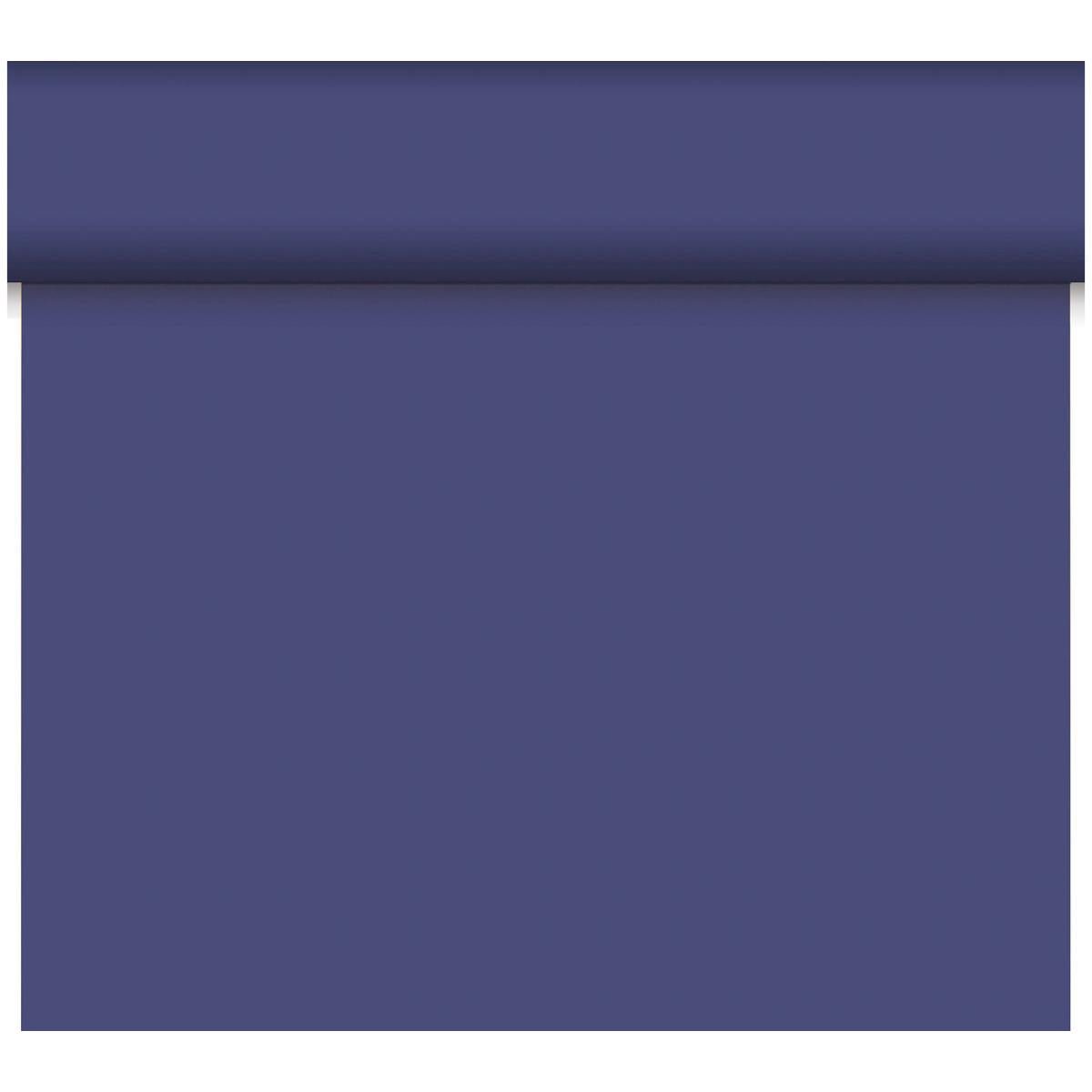 Le Bio-DC-Tete a Tete 0,4x24m de Duni GmbH a une surface bleue unie et mate sans motif. Fabriqué en matériau biodégradable, il offre une décoration durable. Le rouleau est partiellement déroulé sur un fond blanc uni.