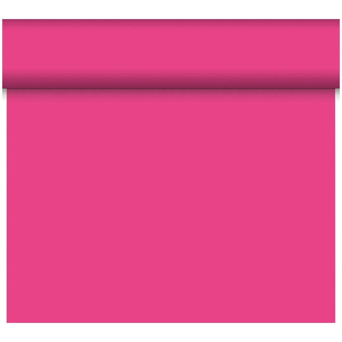 Un rouleau partiellement déroulé de Bio-DC-Tete a Tete 0,4x24m de Duni GmbH montre une surface magenta, lisse et mate, biodégradable, avec une ombre visible sous le rouleau dans la partie supérieure de l'image.