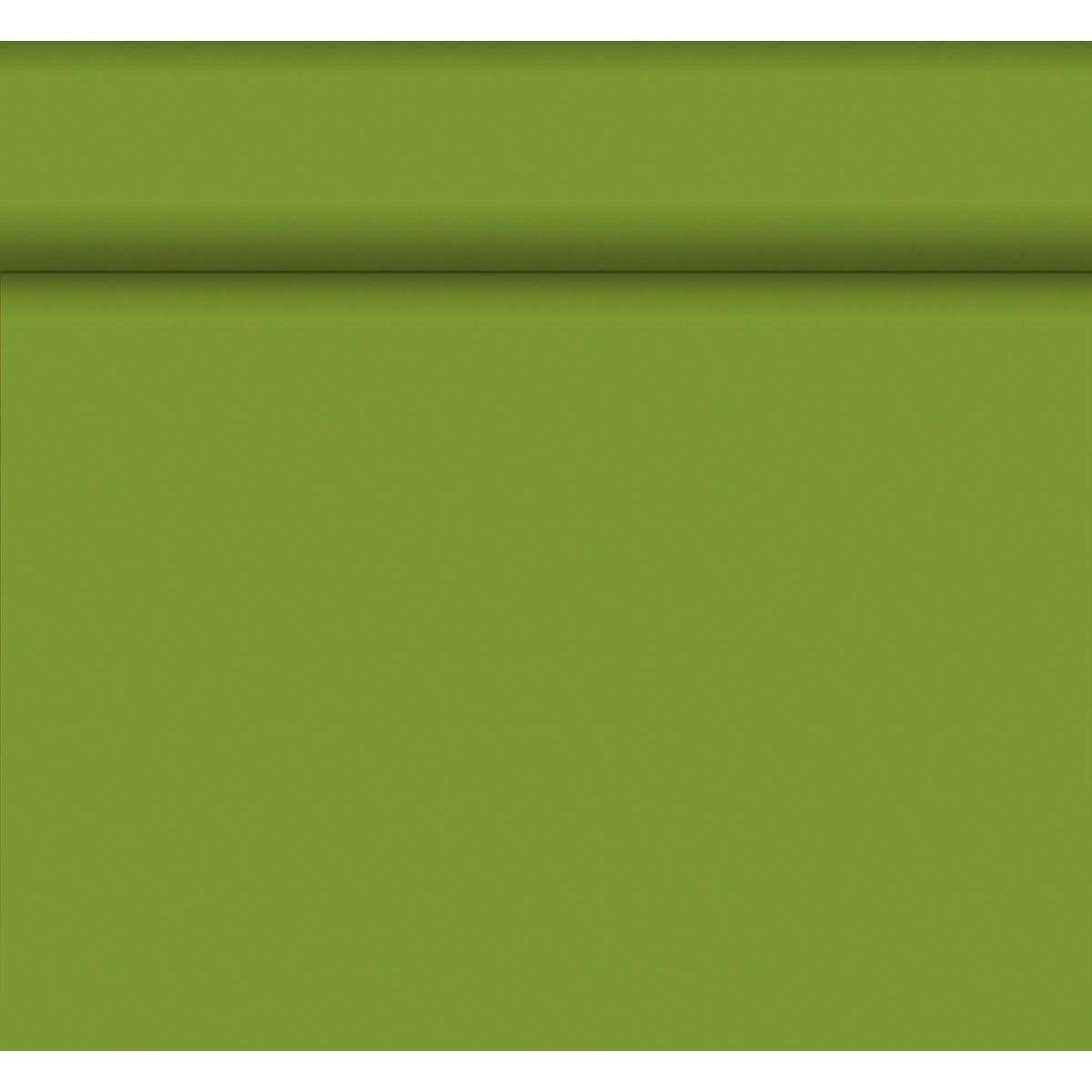 Le Bio-DC-Tete a Tete 0,4x24m de Duni GmbH se distingue par une surface solide vert olive avec une ligne horizontale surélevée dans la partie supérieure, créant une ombre subtile - un design écologique inspiré par des matériaux biodégradables.