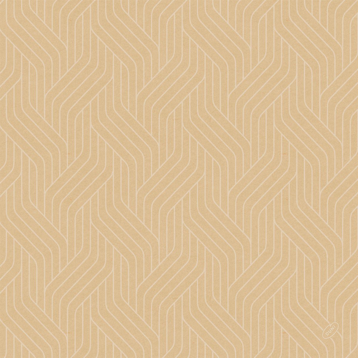 Fond brun clair avec des lignes chevrons blanches répétitives et entrelacées et un petit logo circulaire en bas à droite, reflétant un design durable inspiré par le serviette Bio-Dunisoft. 40x40cm de Duni GmbH.