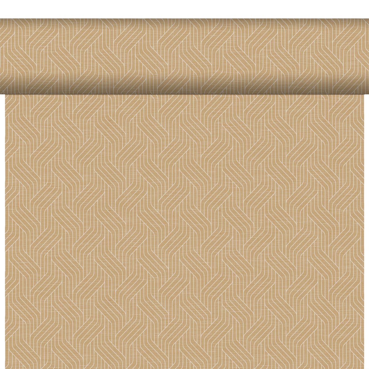 La Bio-DC-Tete a Tete 0,4x24m de Duni GmbH est un papier peint biodégradable et écologique avec un fond brun clair et des motifs géométriques de lignes lumineuses répétitives, qui est partiellement déroulé et appliqué verticalement.