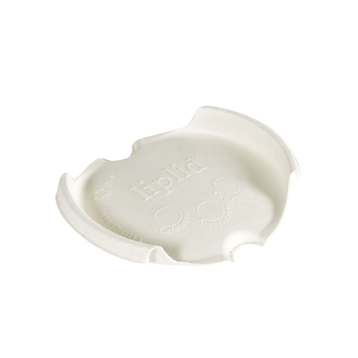 Le couvercle Duni GmbH LipLid pour gobelets 350/470ml/500ml (50 pièces) est un couvercle blanc avec trois petites cavités circulaires, l'inscription "Liplid" et trois encoches courbées pour un ajustement sécurisé.