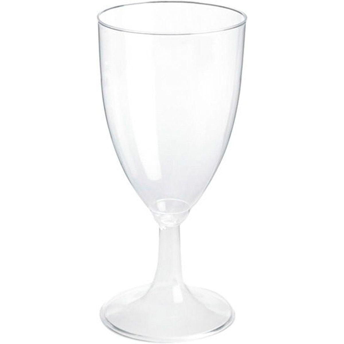 Le verre à vin PS Duni GmbH, 215 ml (paquet de 4 pièces), en plastique transparent, se distingue par un calice lisse, une tige élancée et un pied rond. Photographie sur fond blanc.