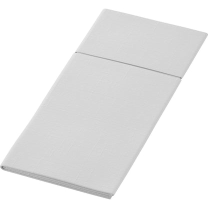 Le Duniletto-Slim 40x33cm de Duni GmbH est une serviette en tissu blanc pliée avec un motif subtil de structure, parfaite comme support hygiénique ou alternative élégante, illustrée sur un fond blanc simple.
