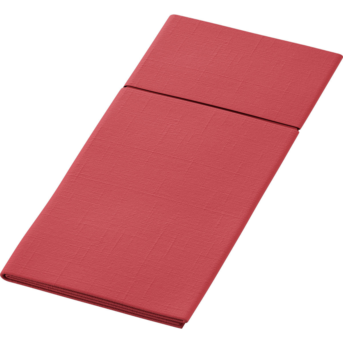 Une serviette Duniletto-Slim 40x33cm rouge rectangulaire pliée de Duni GmbH avec un motif texturé sur fond blanc - parfaite comme support hygiénique pour une table élégamment dressée.