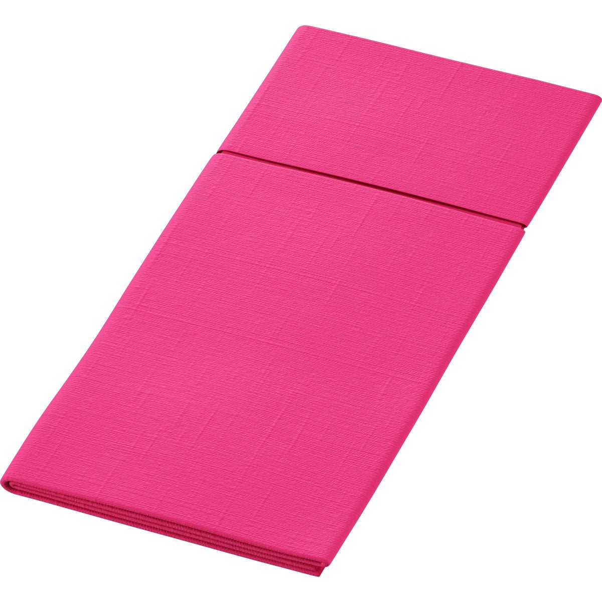 Le Duniletto-Slim 40x33cm de Duni GmbH est un tapis rose rectangulaire plié avec un pli central visible, illustré sur fond blanc - parfait comme support hygiénique pour des séances d'entraînement propres et confortables.
