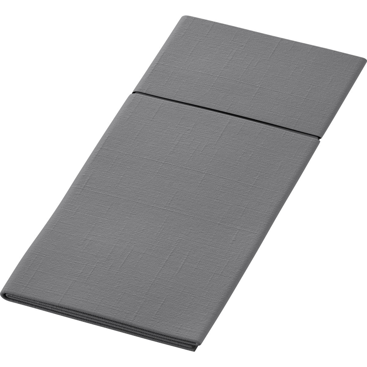 Une serviette en tissu Duniletto-Slim 40x33cm grise rectangulaire proprement pliée de Duni GmbH avec un motif subtil de structure sur fond blanc.