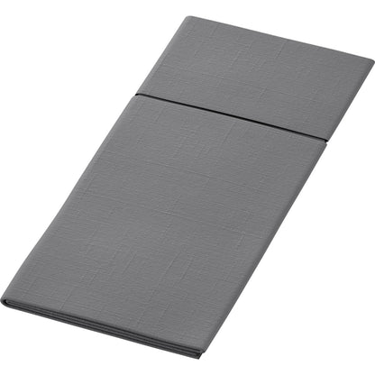 Une serviette en tissu Duniletto-Slim 40x33cm grise rectangulaire proprement pliée de Duni GmbH avec un motif subtil de structure sur fond blanc.