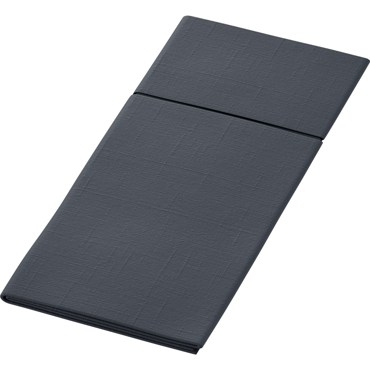 Un matelas ou un coussin rectangulaire gris foncé plié en trois est proprement plié, avec un pli visible séparant les sections. Le tissu subtilement texturé ressemble aux supports hygiéniques utilisés dans le Duniletto-Slim 40x33cm de Duni GmbH.
