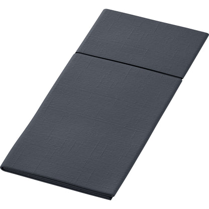 Un matelas ou un coussin rectangulaire gris foncé plié en trois est proprement plié, avec un pli visible séparant les sections. Le tissu subtilement texturé ressemble aux supports hygiéniques utilisés dans le Duniletto-Slim 40x33cm de Duni GmbH.