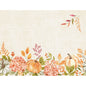 Courge épicée aquarellée, hortensias et feuilles d'automne en orange, vert et beige sur un fond texturé crème. Idéal pour les sets de table en papier Duni GmbH 30x40cm Spicy Pumpkin | Paquet (250 pièces), avec un bouquet de feuilles dans le coin supérieur droit.