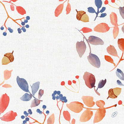 Une bordure aquarellée de feuilles d'automne rouges, oranges et bleues entoure un fond texturé crème - idéal pour mettre en valeur les serviettes Bio-Dunisoft 40x40cm de Duni GmbH au centre.