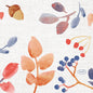 Un fond blanc texturé orné de glands, de baies et de feuilles peints à l'aquarelle confère un charmant aspect automnal aux serviettes Duni GmbH 24 x 24, 3 épaisseurs, 1/4 Autumn Gradient (50 pièces). Le logo « DUNI » figure sur un petit ovale bleu.