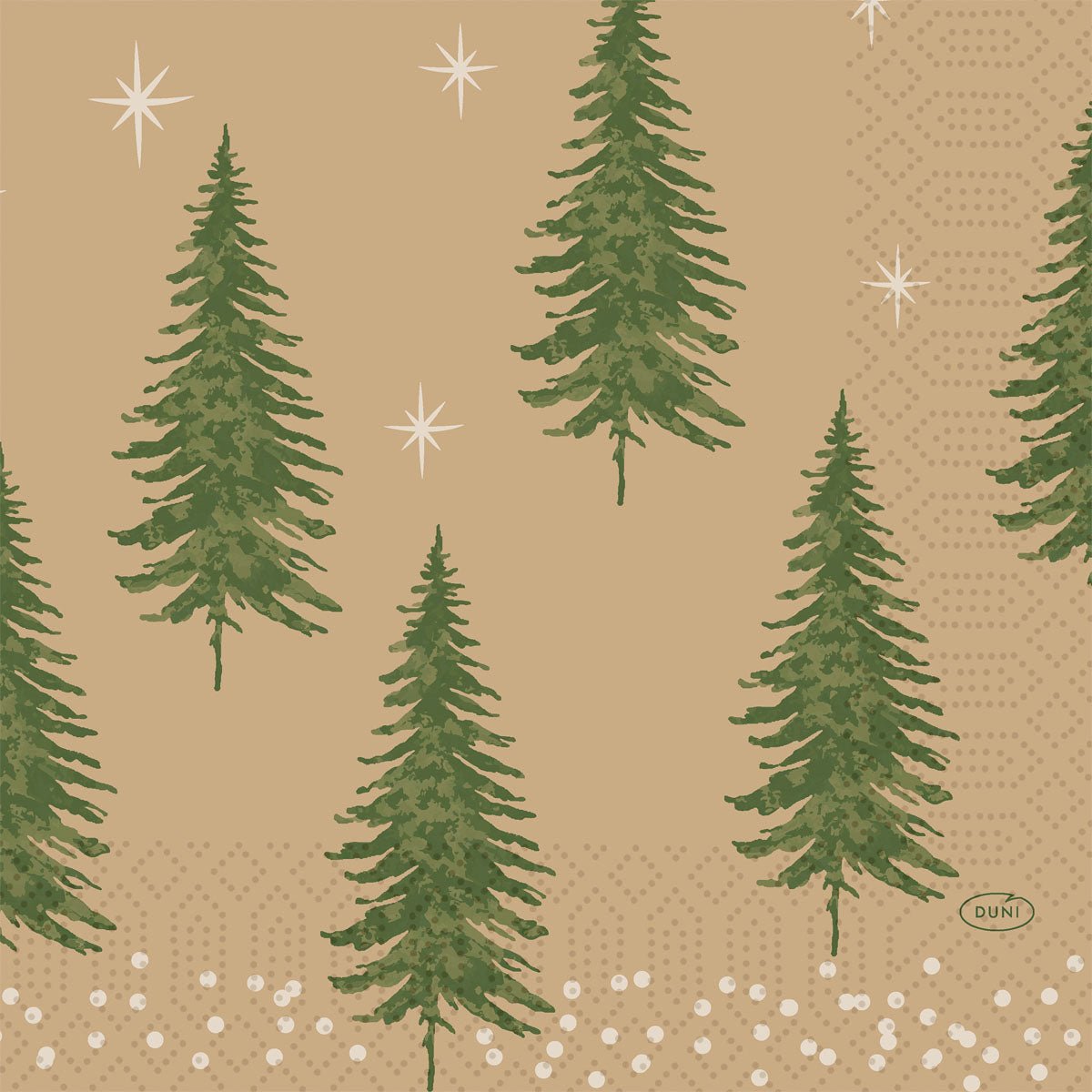Les serviettes Duni GmbH 33x33 3 plis 1/4 Humble Trees montrent des arbres stylisés verts avec des étoiles et des points blancs sur fond beige, plus le texte "DUNI" en bas à droite. Le paquet contient 250 pièces.