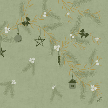 Illustration de branches de sapin avec des baies blanches et des ornements vert foncé sur fond vert texturé, avec les serviettes Bio-Dunisoft 40x40cm de Duni GmbH comme partie de la décoration festive.