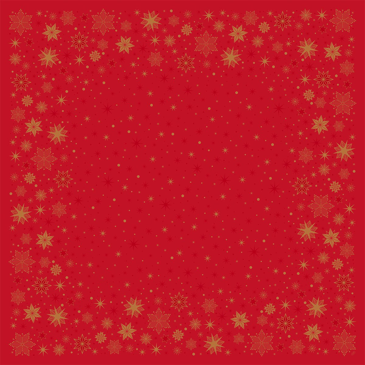 Un fond rouge avec une bordure de flocons de neige et d'étoiles dorées met en valeur votre nappe de table Dunisilk(Plus) 84x84 de Duni GmbH. Le centre généralement clair avec des points dorés est idéal pour une décoration de table festive et déperlante.