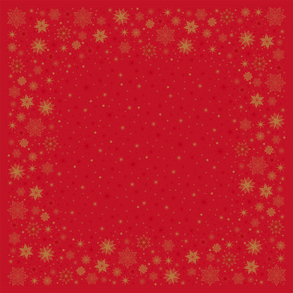 Un fond rouge avec une bordure de flocons de neige et d'étoiles dorées met en valeur votre nappe de table Dunisilk(Plus) 84x84 de Duni GmbH. Le centre généralement clair avec des points dorés est idéal pour une décoration de table festive et déperlante.