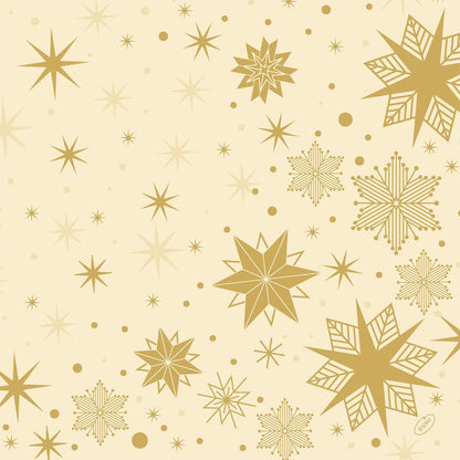 Un motif d'étoiles dorées et de flocons de neige de différentes tailles orne un fond beige clair sur les serviettes Dunilin 40x40cm de Duni GmbH. Certaines étoiles ont des lignes continues, d'autres des motifs pointillés ou géométriques - idéal pour des serviettes de haute qualité.
