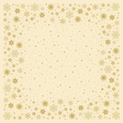 La nappe de table Dunisilk(Plus) 84x84 de Duni GmbH avec un fond carré beige, une bordure de flocons de neige et de points dorés ainsi que des étoiles dorées éparpillées est une décoration de table élégante et déperlante avec un centre vide.