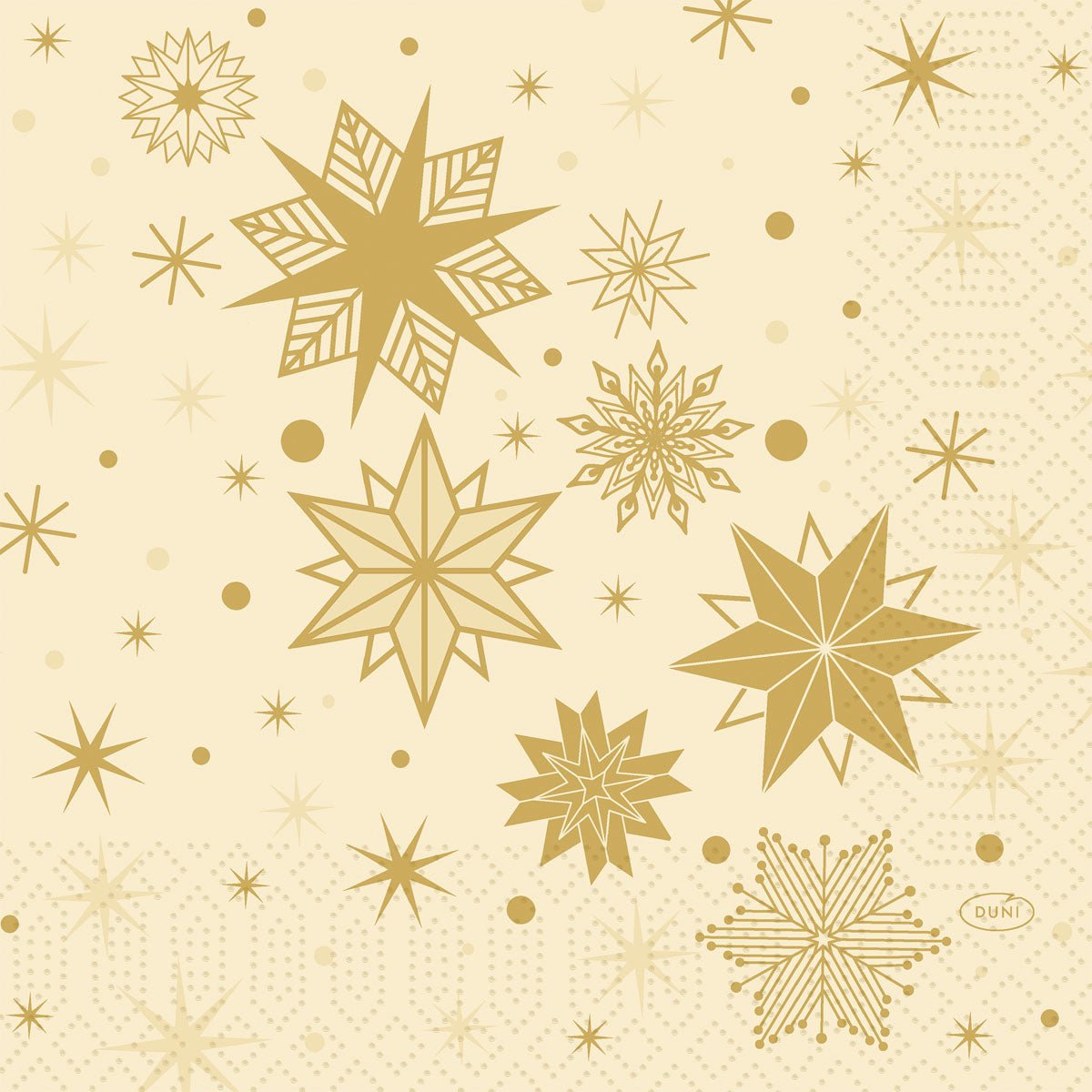 Apportez une touche d'élégance à toutes vos réceptions grâce aux serviettes Duni GmbH 33 x 33, 3 épaisseurs, 1/4 Stargazing Cream (paquet de 250 pièces) : avec leur fond beige et leurs motifs géométriques dorés en forme d'étoiles, ces serviettes apportent une touche décorative et festive à votre table.