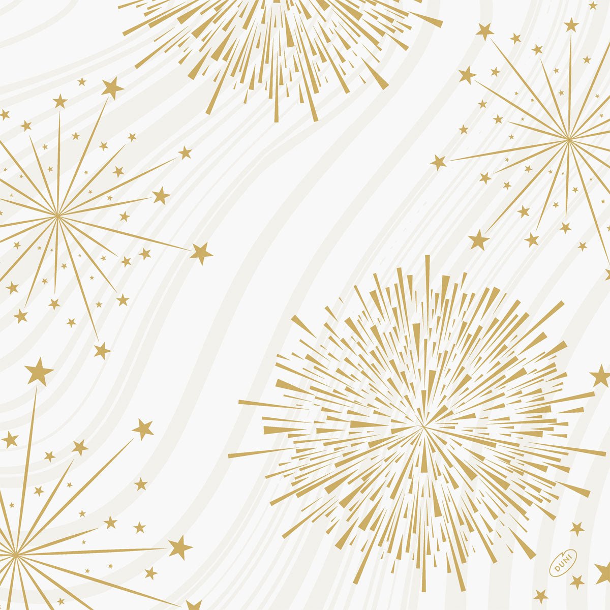 Des motifs de feux d'artifice et d'étoiles dorés avec différentes formes de lignes et d'étoiles ornent un fond blanc avec de subtiles vagues grises, créant un look festif - idéal pour les serviettes Bio-Dunisoft 40x40cm de Duni GmbH à chaque occasion.