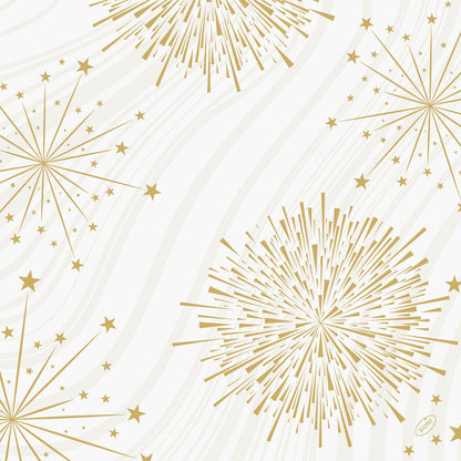 Des motifs de feux d'artifice et d'étoiles dorés avec différentes formes de lignes et d'étoiles ornent un fond blanc avec de subtiles vagues grises, créant un look festif - idéal pour les serviettes Bio-Dunisoft 40x40cm de Duni GmbH à chaque occasion.