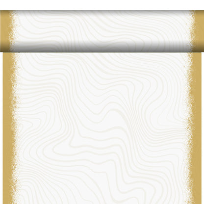 Eine leere vertikale Schnecke mit goldenen, strukturierten Rändern und einer weißen zentralen Fläche mit leichten Wellenlinien - perfekt als Inspiration für umweltfreundliche Tischdecken wie die Bio-Dunicel-Tete a Tete 0,4x24m von Duni GmbH.