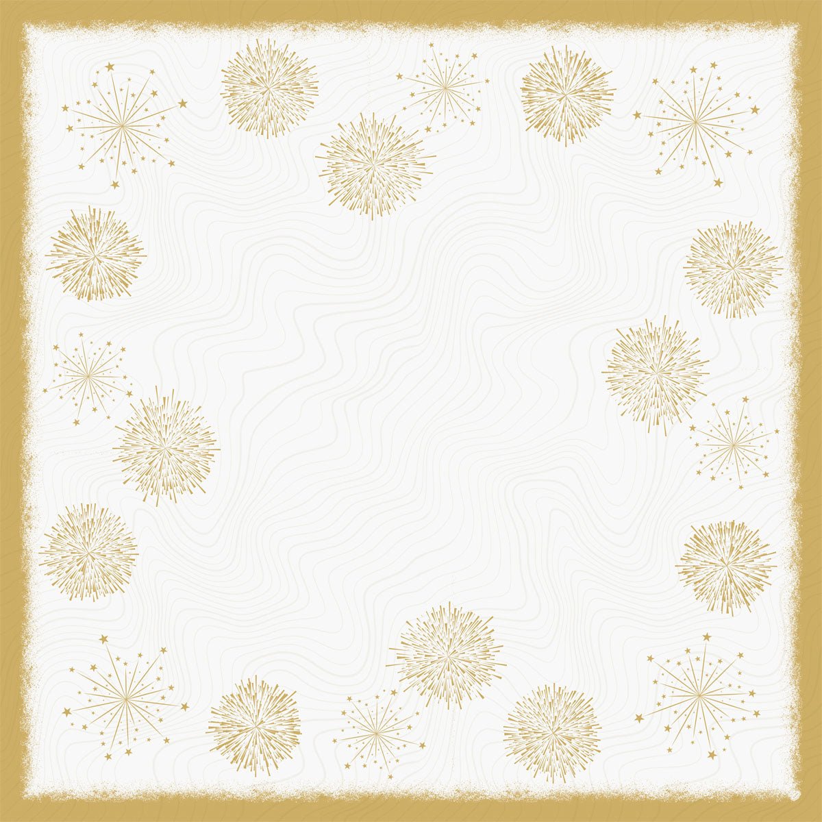 La nappe intermédiaire Bio-Dunicel 84x84cm Sparkly white de Duni GmbH a un fond blanc carré avec un bord doré texturé et des motifs d'étoiles sur les bords ainsi que des lignes ondulées au centre - parfaite pour une décoration de table écologique. Paquet (20 pièces).