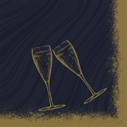 Deux verres à champagne dorés illustrés s'entrechoquent devant un fond texturé bleu foncé et doré, s'accordant parfaitement avec les serviettes Bio-Dunisoft 40x40cm de Duni GmbH pour vos célébrations écologiques.