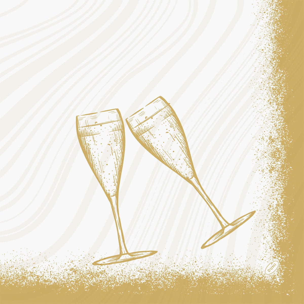Une illustration simple de deux verres à champagne s'entrechoquant avec un bord doré texturé et des lignes de fond ondulées souligne les serviettes Bio-Dunisoft 40x40cm de Duni GmbH pour une célébration écologique.