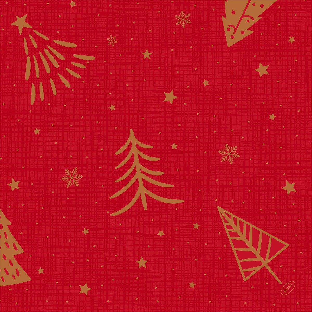 Les serviettes Bio-Dunisoft 40x40cm de Duni GmbH ont un fond à carreaux rouges avec des arbres de Noël dorés, des étoiles et des flocons de neige - une touche festive et écologique pour votre table de fête.