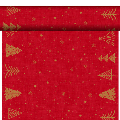 Eine Rolle rotes Geschenkpapier mit goldenen stilisierten Weihnachtsbäumen, Sternen und Schneeflocken passt perfekt zum Duni GmbH Bio-Dunicel-Tete a Tete 0,4x24m für eine festliche und nachhaltige Tischdekoration.