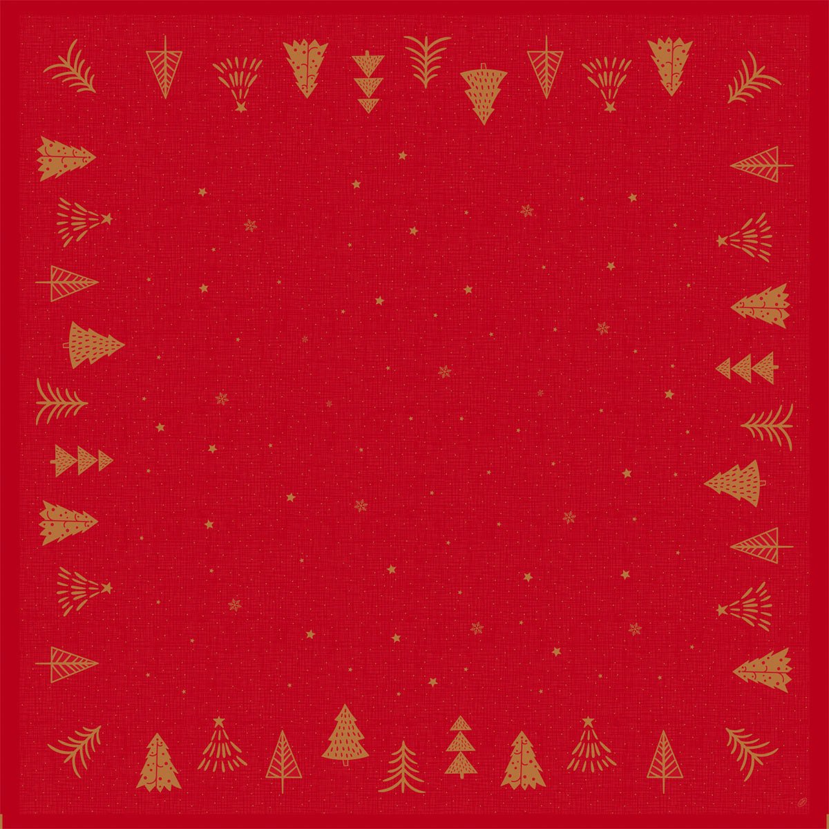 La nappe de table Dunisilk(Plus) 84x84 de Duni GmbH avec un fond rouge, un bord doré et des arbres stylisés montre de petites étoiles et points dorés dans un motif symétrique - parfait pour une décoration de table festive et déperlante.