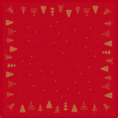 La nappe de table Dunisilk(Plus) 84x84 de Duni GmbH avec un fond rouge, un bord doré et des arbres stylisés montre de petites étoiles et points dorés dans un motif symétrique - parfait pour une décoration de table festive et déperlante.