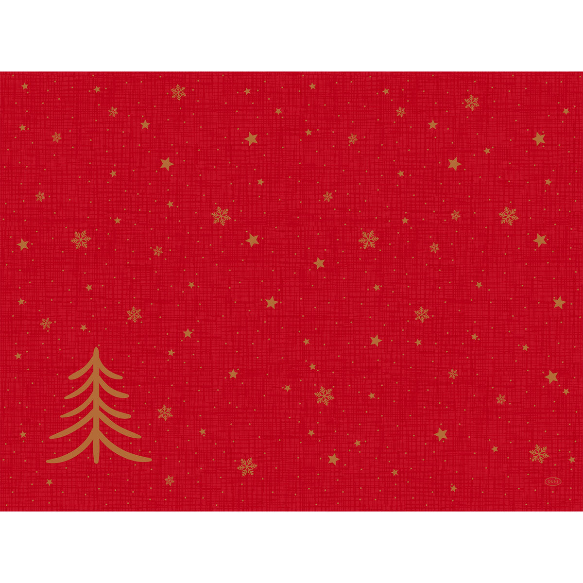Papier-Tischsets 30x40cm Shimmer Trees von Duni GmbH: Rotes Design mit dezentem Muster, goldenem Weihnachtsbaum unten links, Goldsterne und Schneeflocken - ideal für festliche Tischdekoration. Packung mit 250 Stück.
