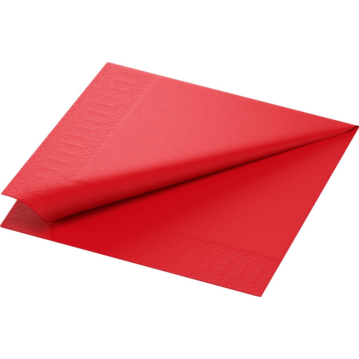 Une serviette en papier rouge proprement pliée de Duni GmbH, 40x40 cm, 3 plis, pliage 1/4 avec des bords décoratifs gaufrés (paquet de 250 pièces), est montrée sur un fond blanc.