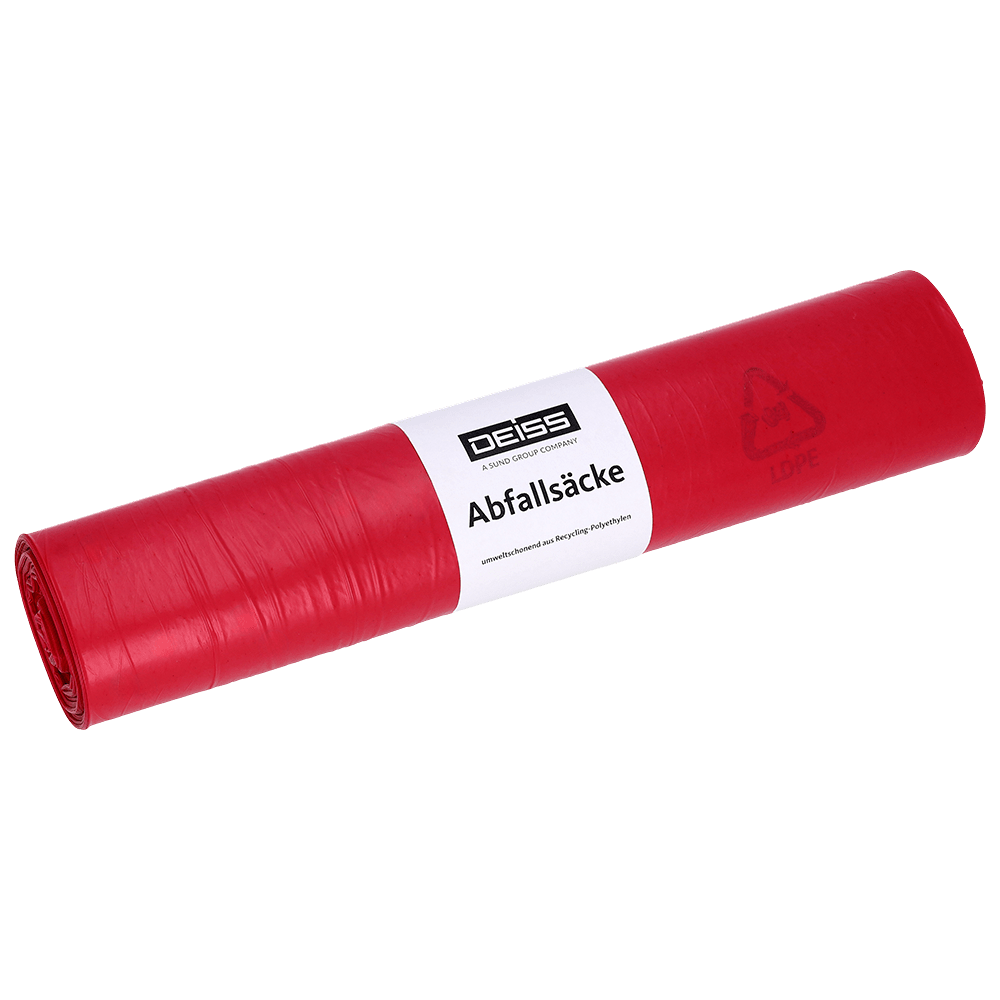Illustré est un sac poubelle DEISS type 60 (70 l, 575x1000 mm) en LDPE recyclé de EMIL DEISS KG (GmbH + Co.), en rouge avec une étiquette "DEISS Abfallsäcke" blanche et un symbole de recyclage, sur un fond uni blanc.