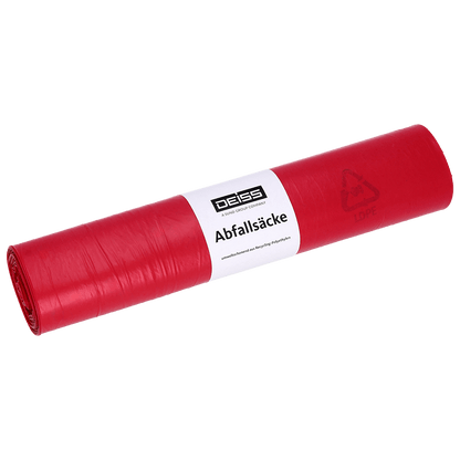 Illustré est un sac poubelle DEISS type 60 (70 l, 575x1000 mm) en LDPE recyclé de EMIL DEISS KG (GmbH + Co.), en rouge avec une étiquette "DEISS Abfallsäcke" blanche et un symbole de recyclage, sur un fond uni blanc.