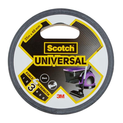 Un rouleau de ruban adhésif Scotch® Universal 2904 de 3M Deutschland GmbH, taille 25 m x 48 mm, noir, résistance 3, pour usage domestique; l'étiquette montre un aspirateur et un seau de nettoyage.