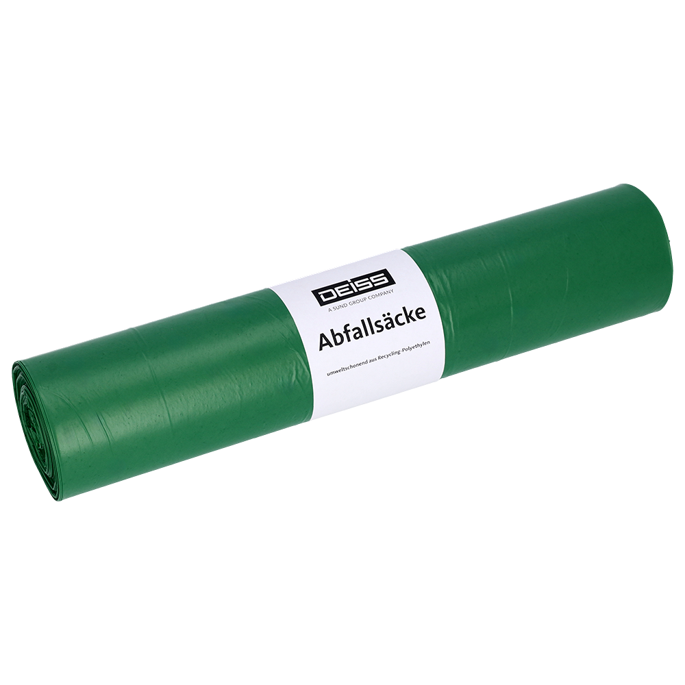 Eine Rolle grüner EMIL DEISS KG (GmbH + Co.) Müllsäcke mit der Aufschrift "DEISS 22070 - 700x1100 mm Typ 60 grün | Rolle (25 Stück)" ist auf einem einfarbig weißen Hintergrund mit weißem Etikett und Logo abgebildet.