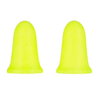 Zwei gelbe 3M™ Gehörschutzstöpsel E-A-Rsoft™ FX™ von 3M Deutschland GmbH aus weichem Polyurethanschaum stehen aufrecht vor weißem Hintergrund - mit SNR-Wert 37 dB bieten sie effektiven Schutz in lauter Umgebung.