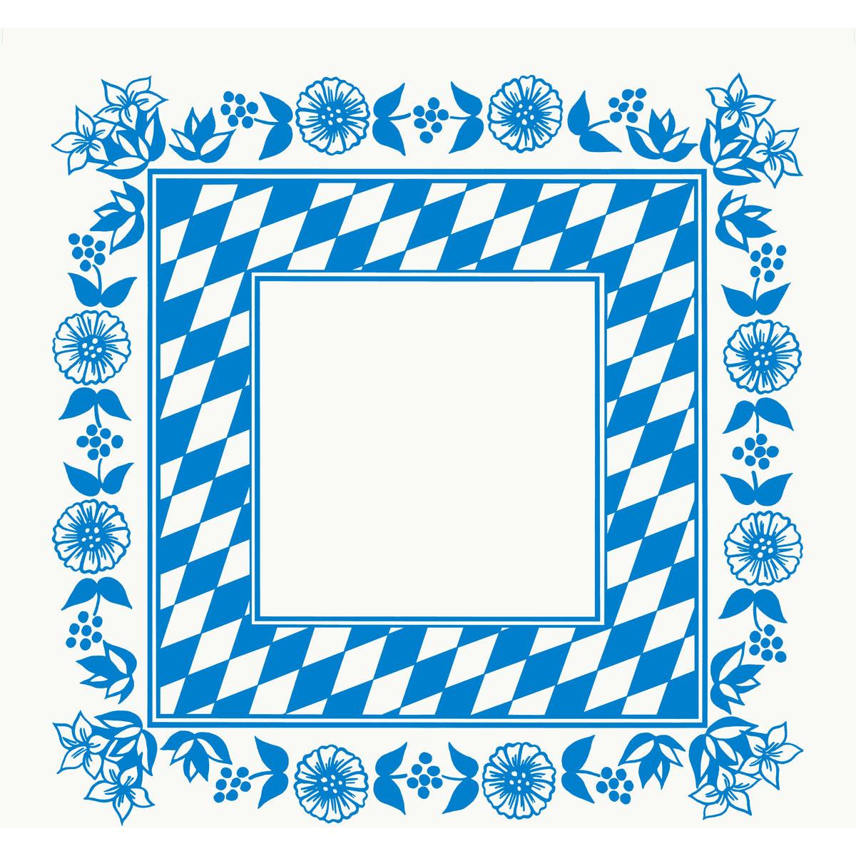 Une nappe carrée Dunicel 84x84 cm de Duni GmbH avec une bordure à losanges bavarois bleu-blanc, un cadre floral bleu sur fond blanc et un centre vide - parfait pour une décoration de table élégante. Paquet : 20 pièces.