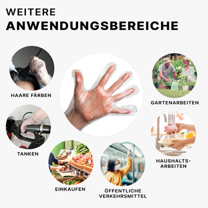 Ein Diagramm zeigt eine behandschuhte Hand (ARNOMED POLYGLOVE BAG von ARNOWA GmbH) in der Mitte, umgeben von Kreisen mit deutschen Texten für die Verwendung: Haare färben, Gartenarbeit, Tanken, Einkaufen, ÖPNV und Haushalt.